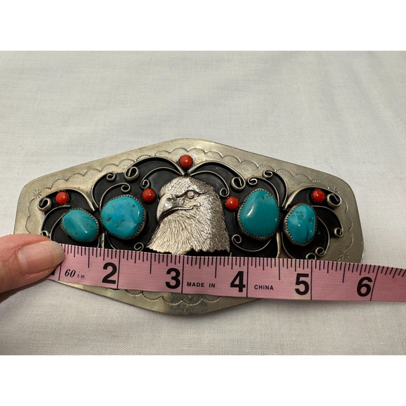 LARGE Native American Belt Buckle Raised Eagle Head Turquoise Coral Silver Tone - Picture 7 of 8